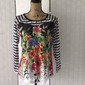 Woman’s Top by Spanner semi see through sleeves size M multi color flowers  #464